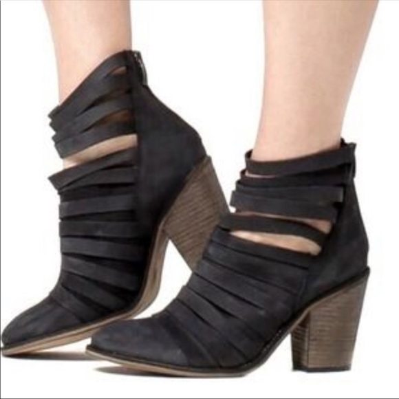 Free People Hybrid Heel Boot Black Suede Strappy Ankle Bootie - Picture 2 of 9